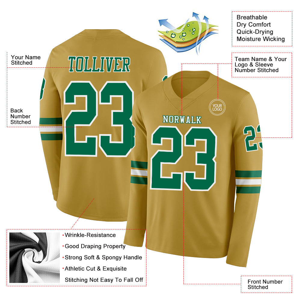 Custom Old Gold Kelly Green-White Long Sleeve Authentic Football Jersey view 2