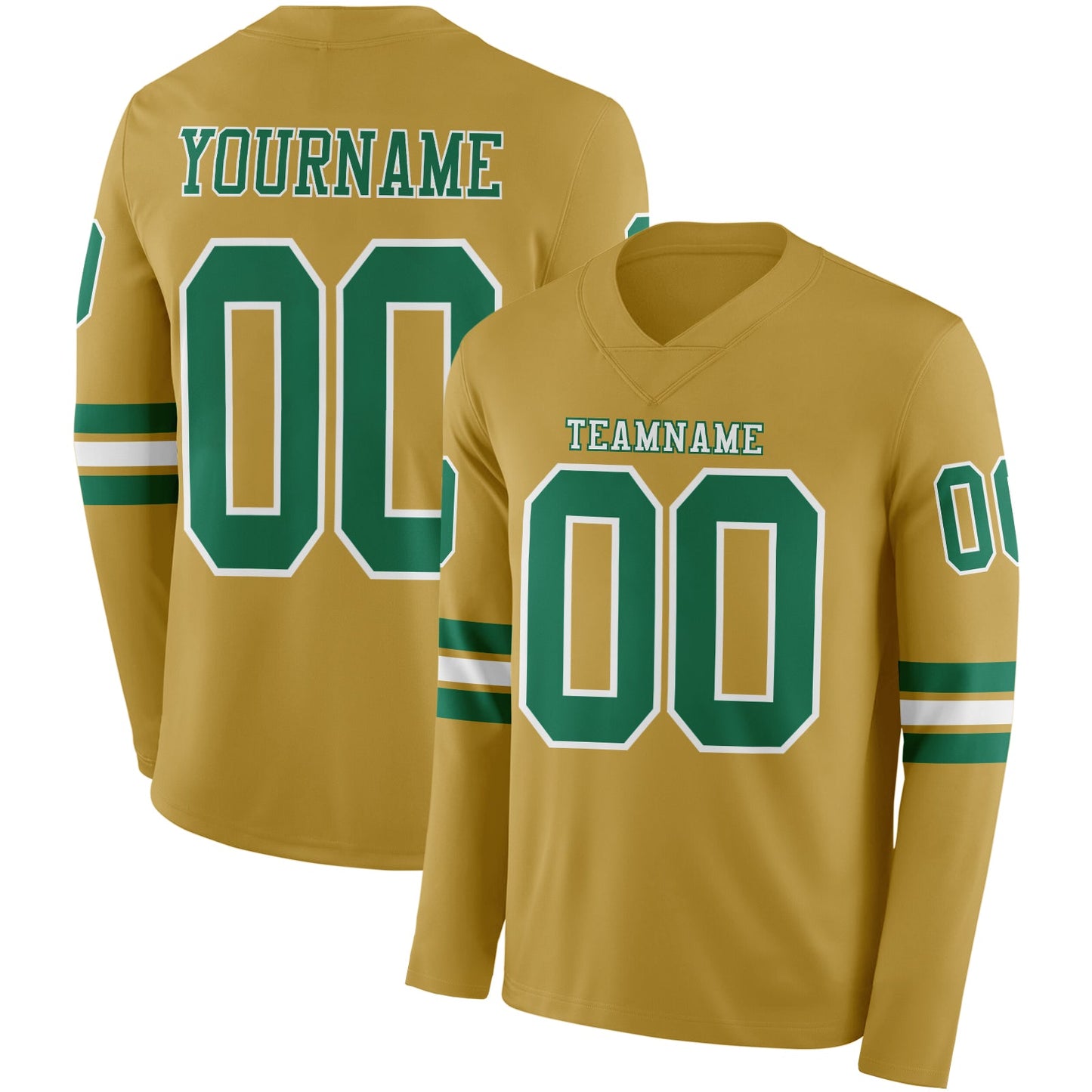 Custom Old Gold Kelly Green-White Long Sleeve Authentic Football Jersey - Main View