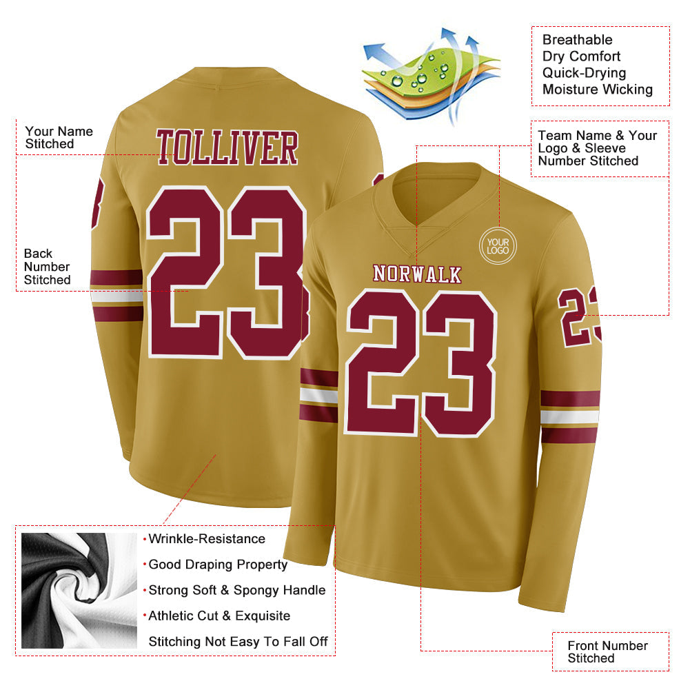 Custom Old Gold Crimson-White Long Sleeve Authentic Football Jersey view 2
