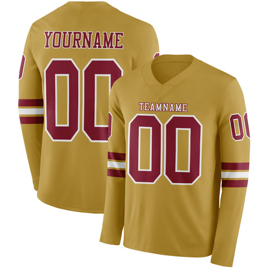 Custom Old Gold Crimson-White Long Sleeve Authentic Football Jersey - Main View