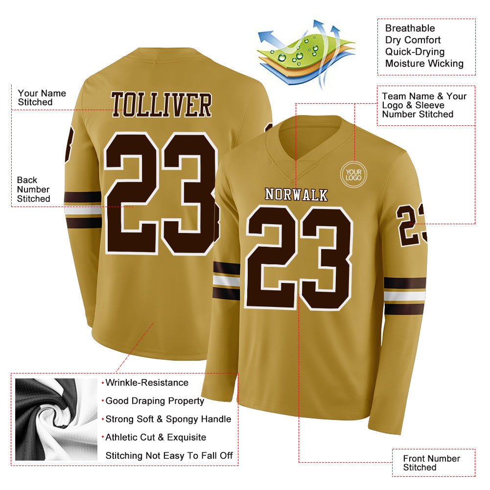 Custom Old Gold Brown-White Long Sleeve Authentic Football Jersey view 2