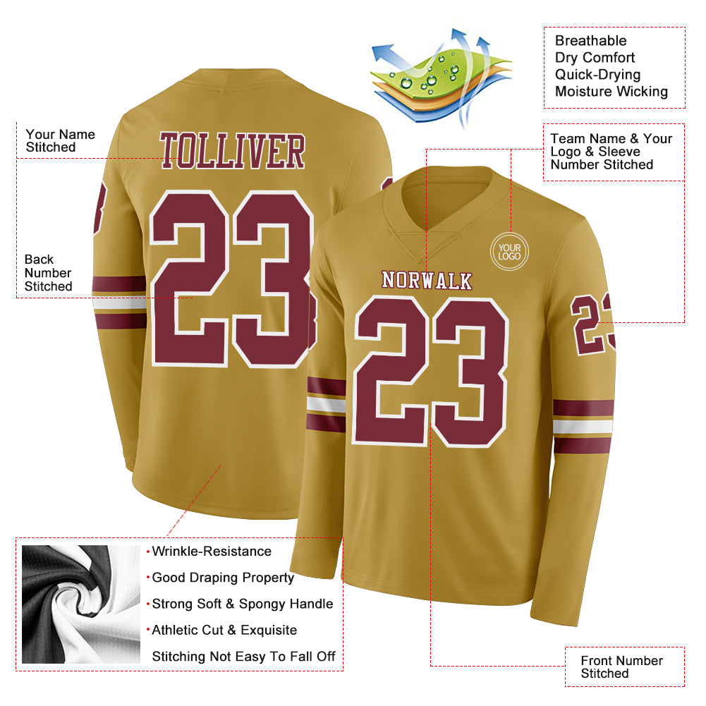 Custom Old Gold Burgundy-White Long Sleeve Authentic Football Jersey view 2