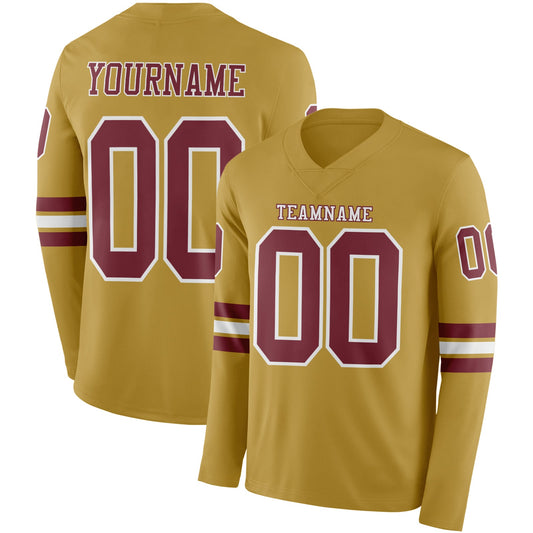 Custom Old Gold Burgundy-White Long Sleeve Authentic Football Jersey - Main View