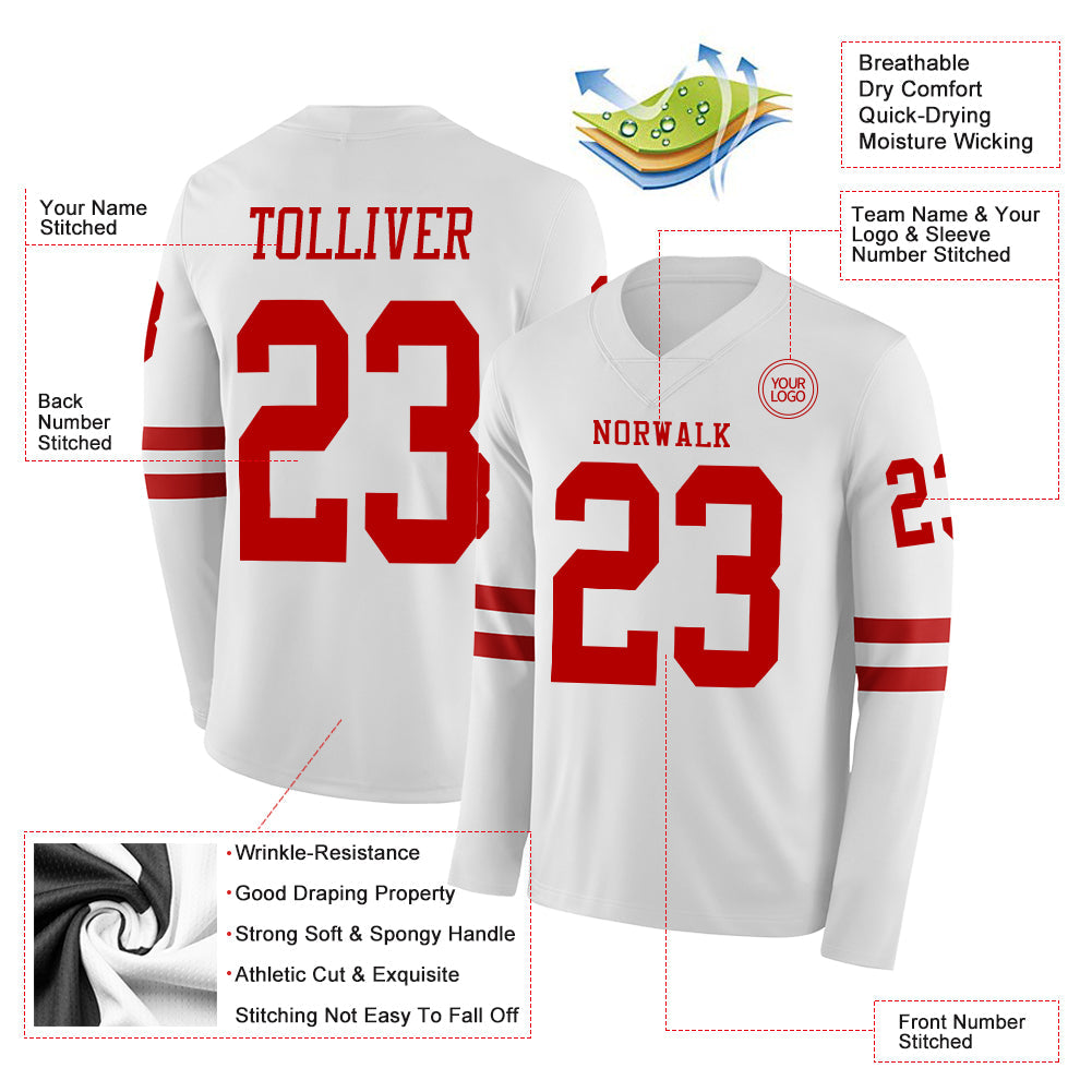 Custom White Red Long Sleeve Authentic Football Jersey view 2