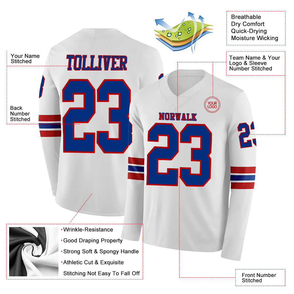 Custom White Royal-Red Long Sleeve Authentic Football Jersey view 2