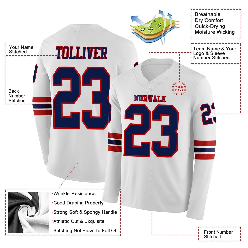 Custom White Navy-Red Long Sleeve Authentic Football Jersey view 2