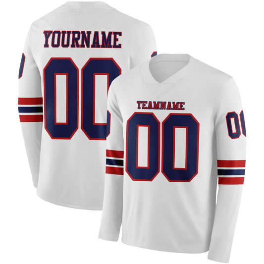 Custom White Navy-Red Long Sleeve Authentic Football Jersey - Main View