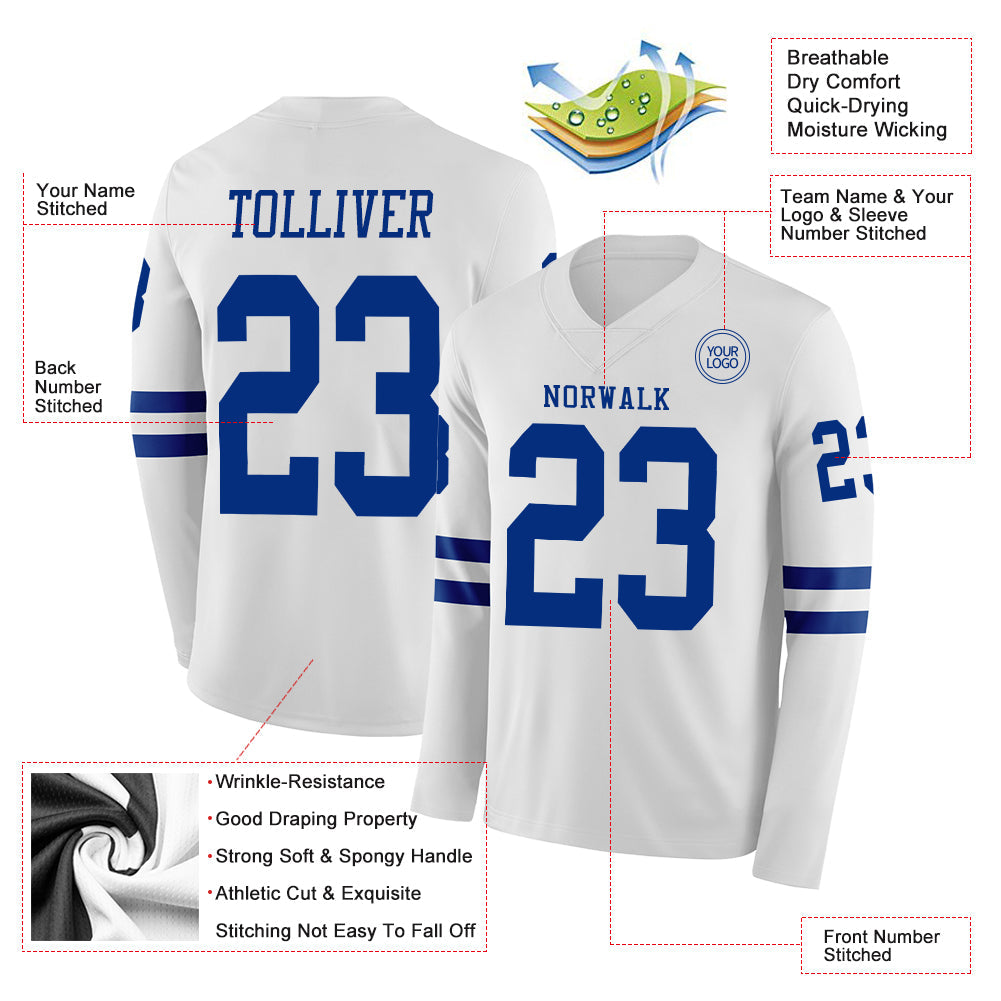 Custom White Royal Long Sleeve Authentic Football Jersey view 2
