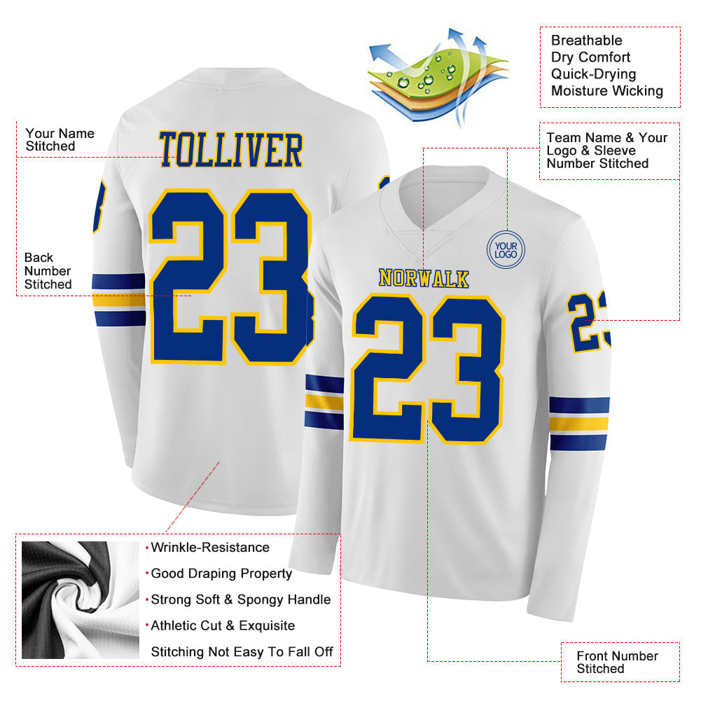 Custom White Royal-Yellow Long Sleeve Authentic Football Jersey view 2