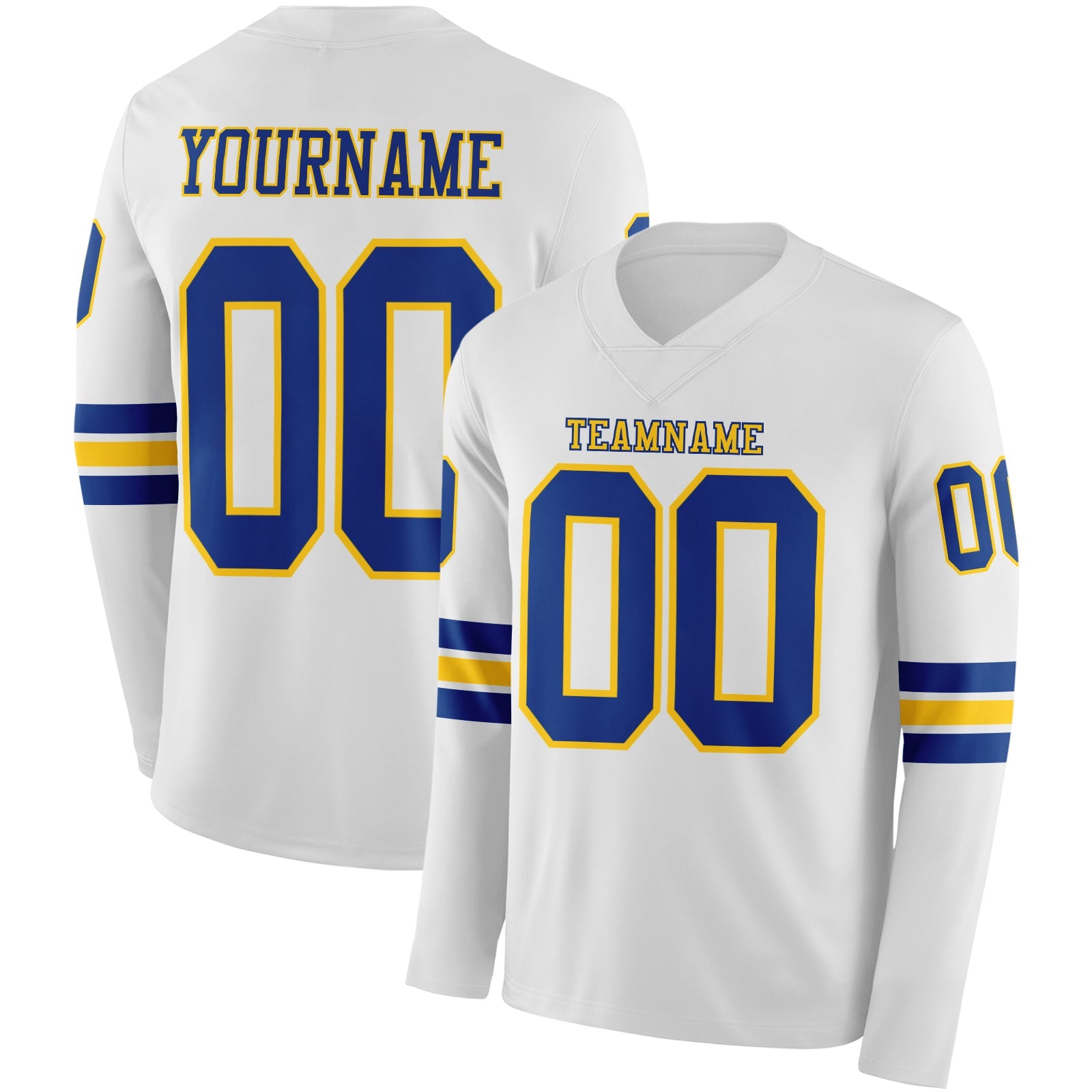 Custom White Royal-Yellow Long Sleeve Authentic Football Jersey - Main View