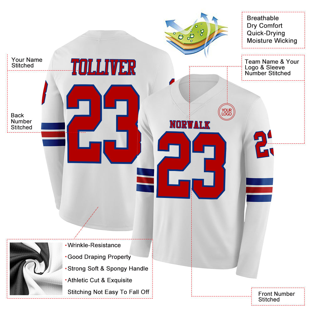 Custom White Red-Royal Long Sleeve Authentic Football Jersey view 2