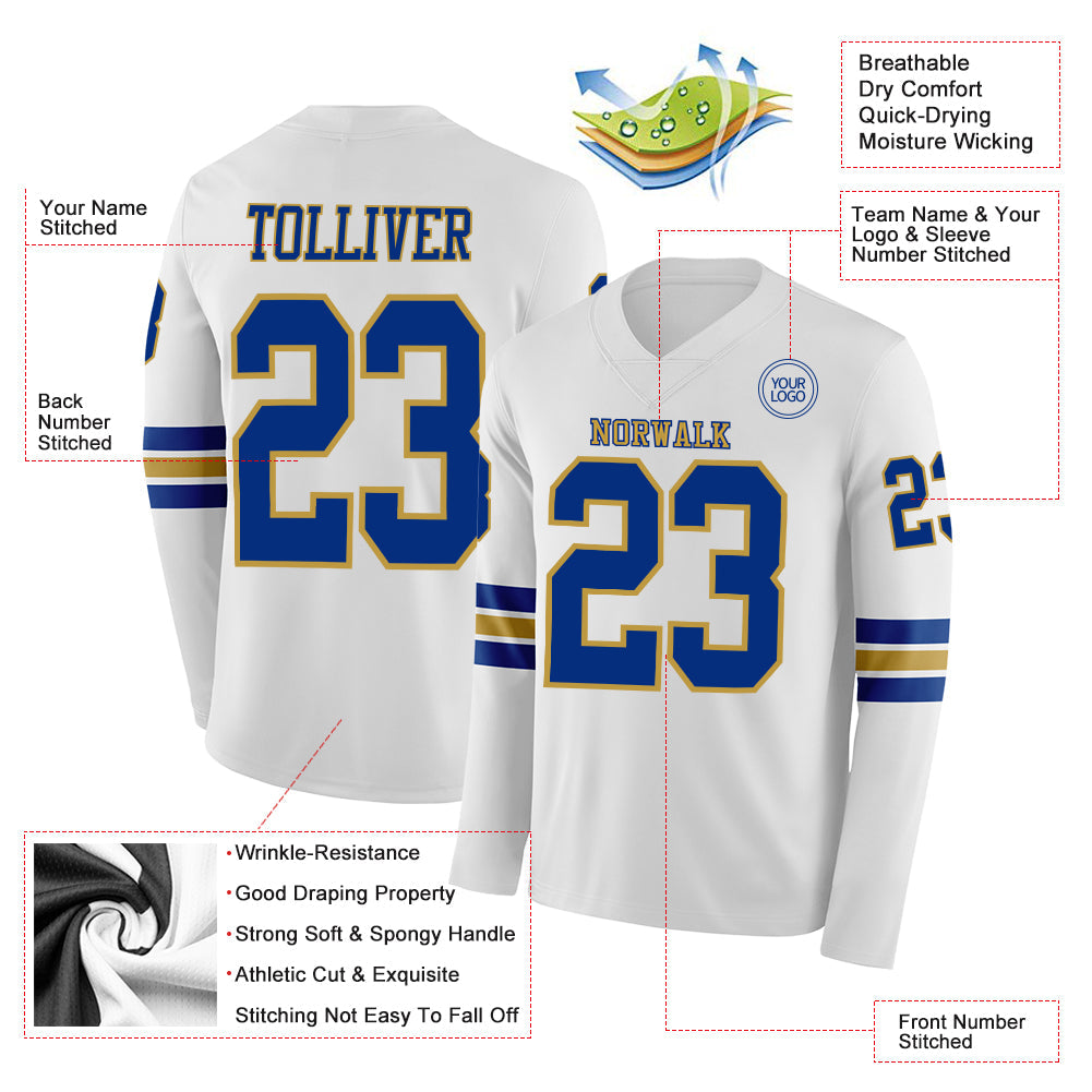 Custom White Royal-Old Gold Long Sleeve Authentic Football Jersey view 2
