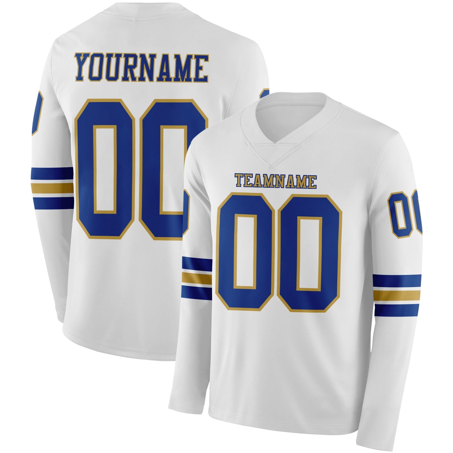 Custom White Royal-Old Gold Long Sleeve Authentic Football Jersey - Main View