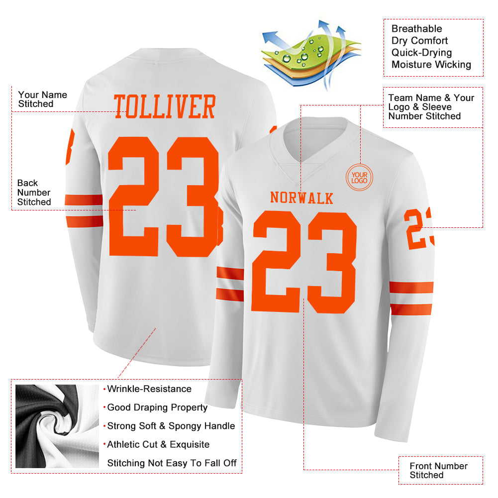 Custom White Orange Long Sleeve Authentic Football Jersey view 2