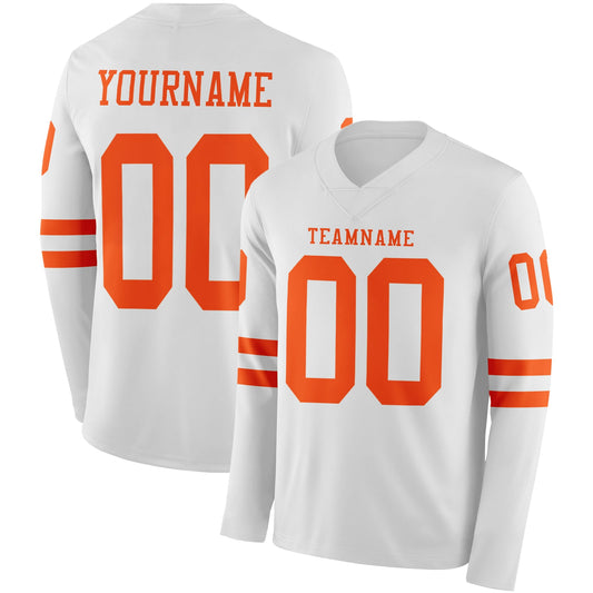 Custom White Orange Long Sleeve Authentic Football Jersey - Main View