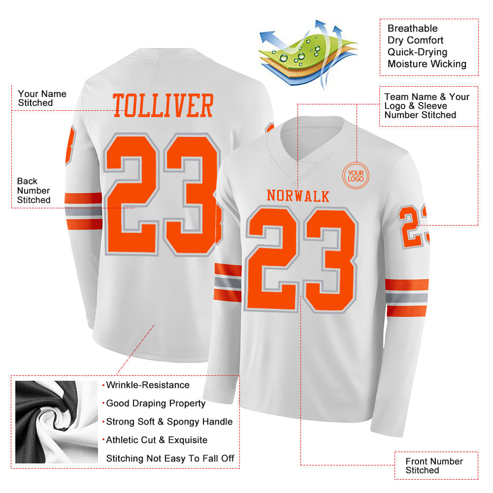 Custom White Orange-Gray Long Sleeve Authentic Football Jersey view 2