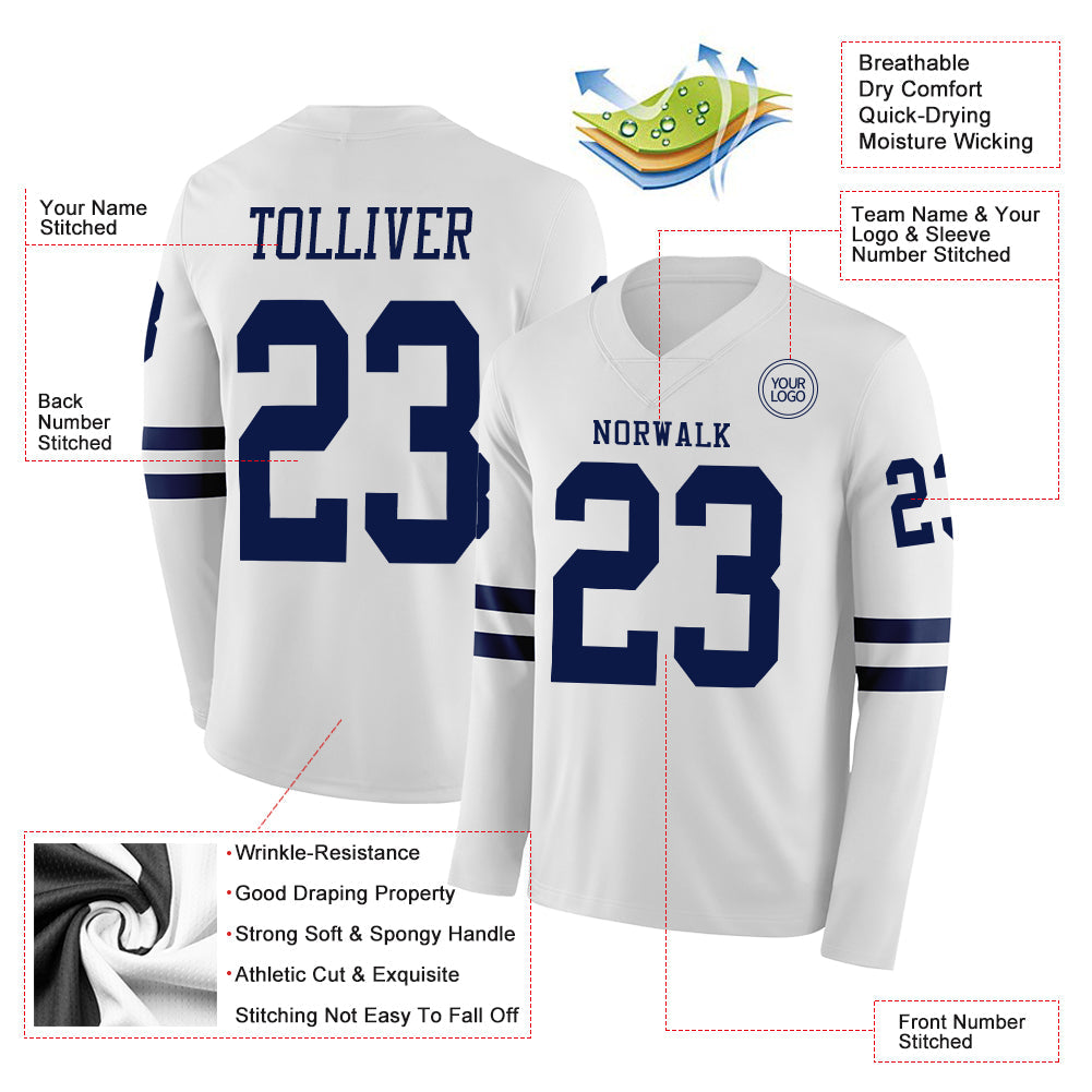 Custom White Navy Long Sleeve Authentic Football Jersey view 2