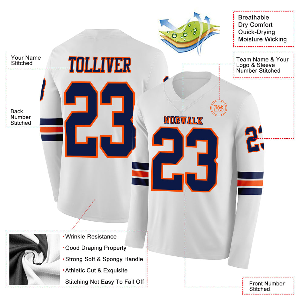 Custom White Navy-Orange Long Sleeve Authentic Football Jersey view 2