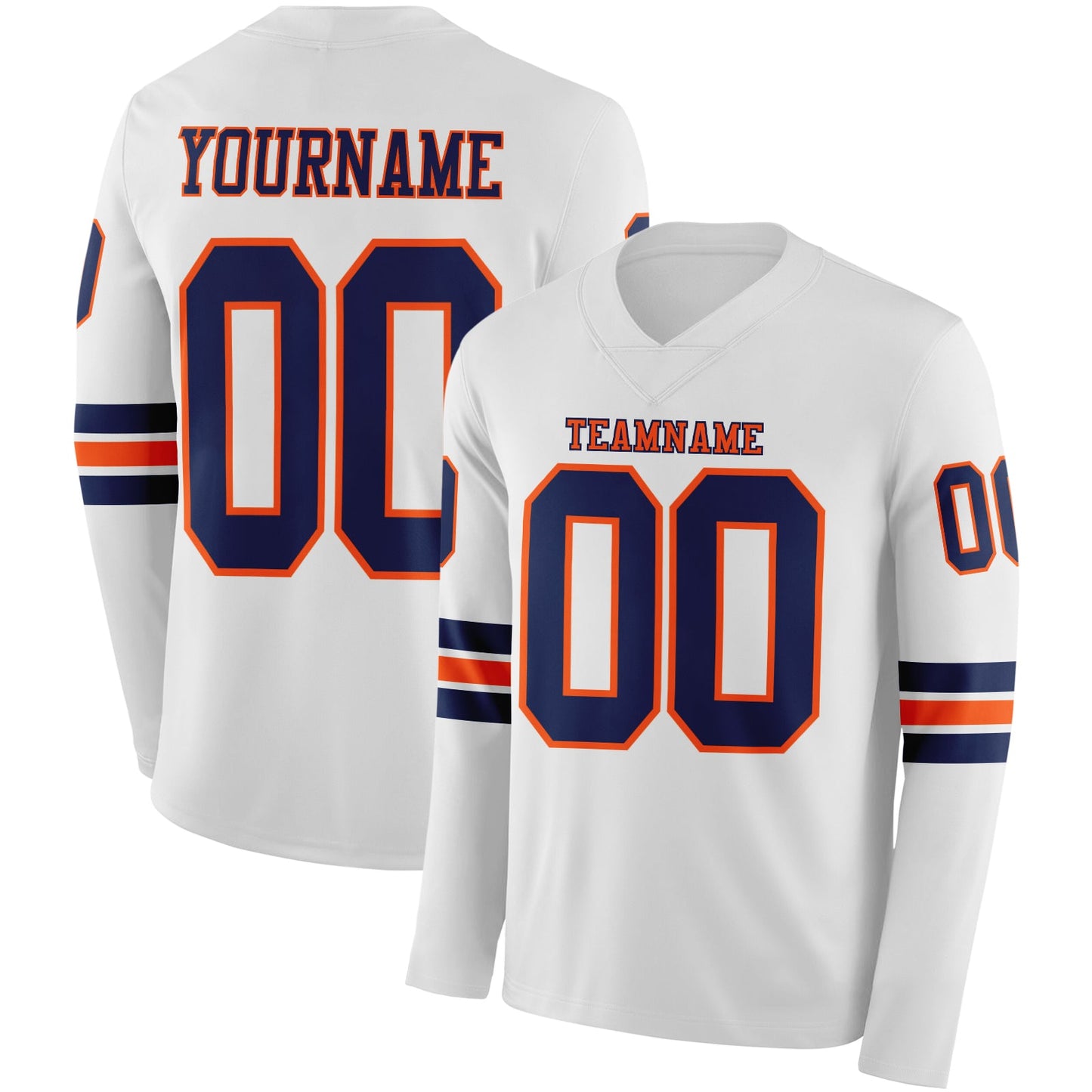 Custom White Navy-Orange Long Sleeve Authentic Football Jersey - Main View