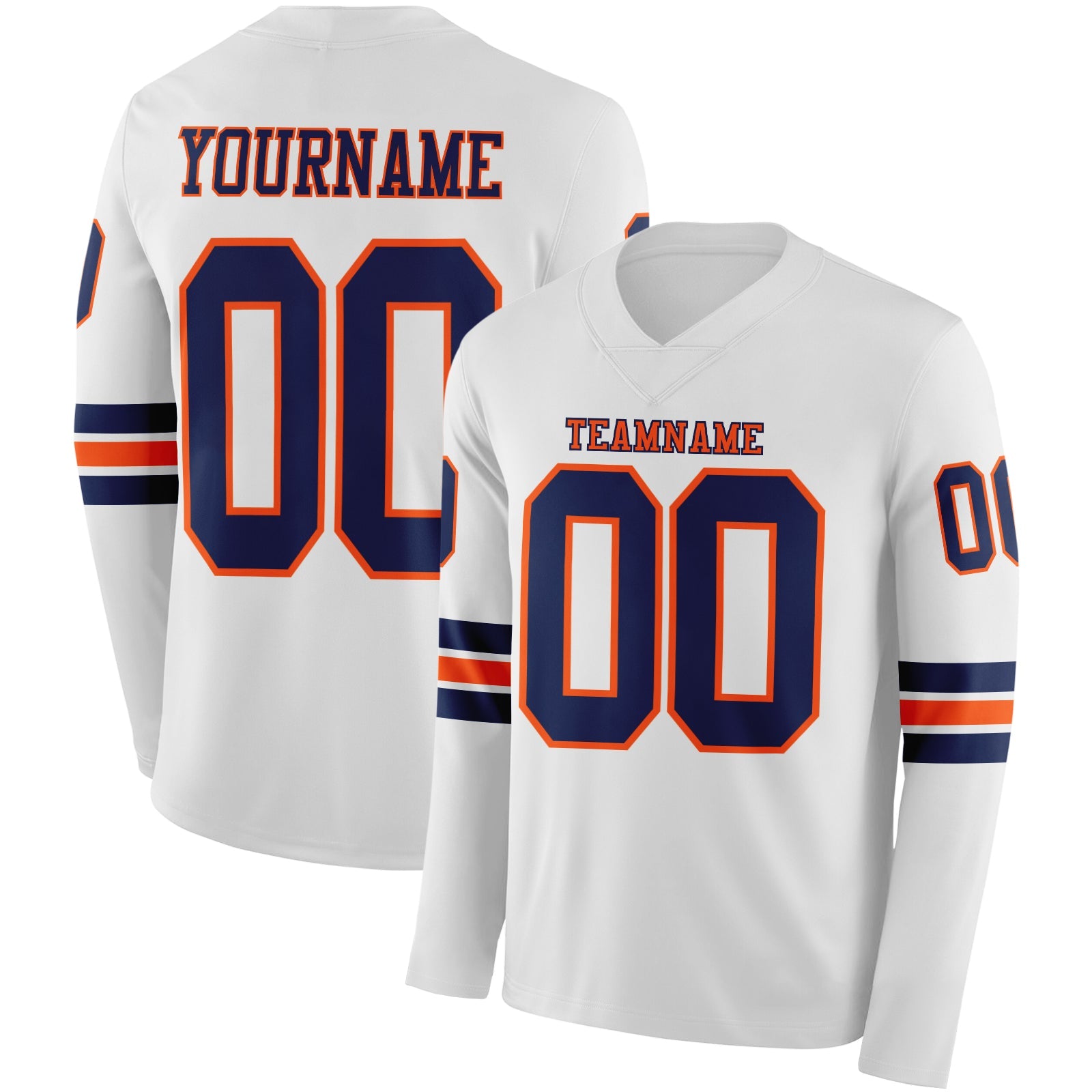 Custom White Navy-Orange Long Sleeve Authentic Football Jersey - Main View