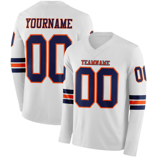 Custom White Navy-Orange Long Sleeve Authentic Football Jersey - Main View