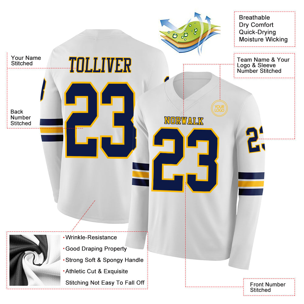 Custom White Navy-Gold Long Sleeve Authentic Football Jersey view 2