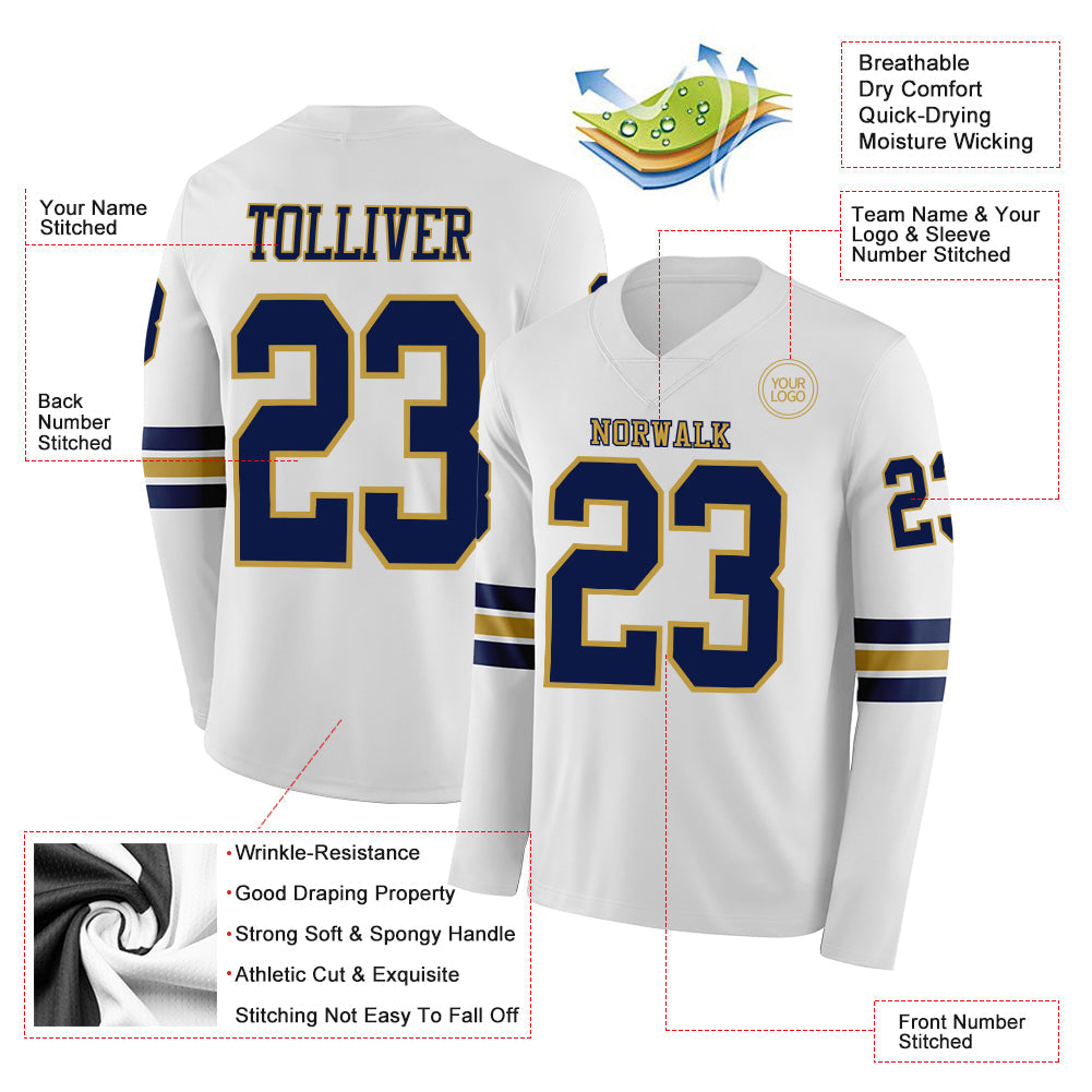 Custom White Navy-Old Gold Long Sleeve Authentic Football Jersey view 2