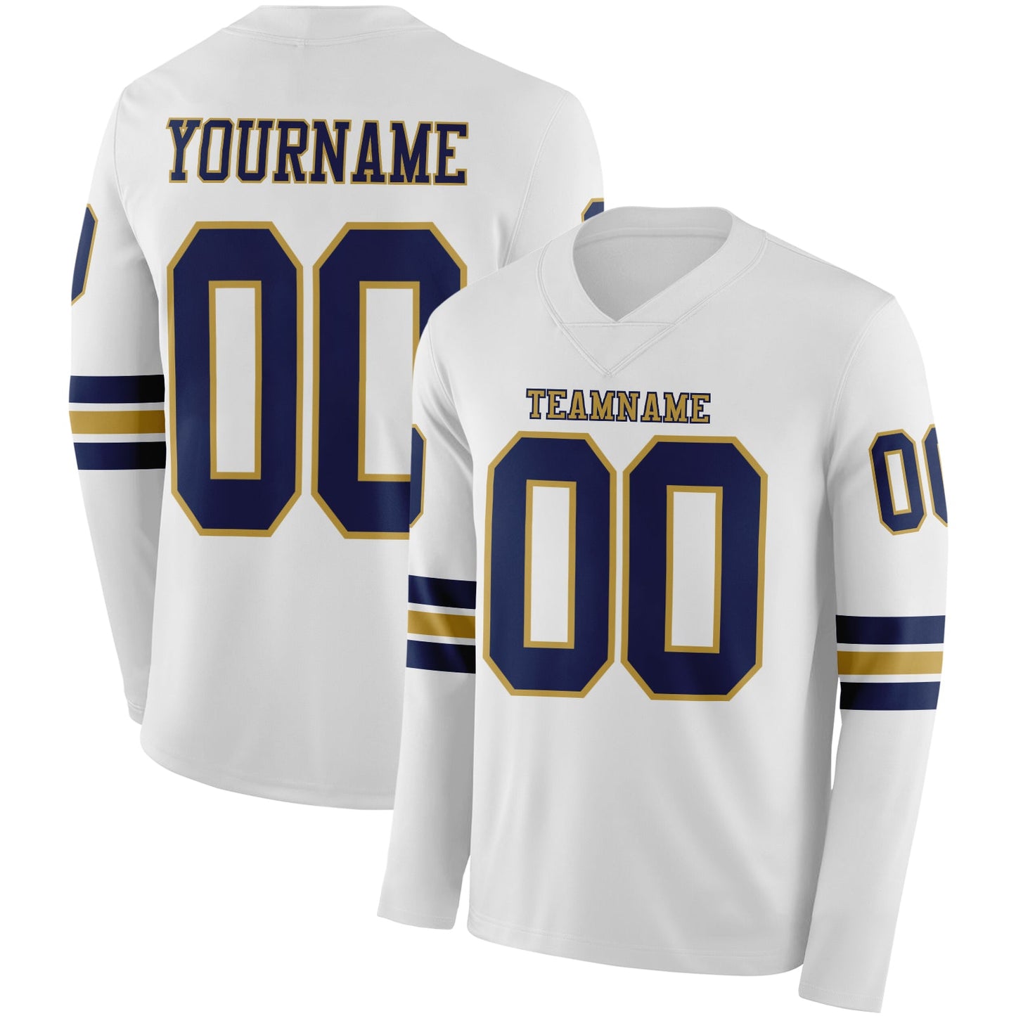 Custom White Navy-Old Gold Long Sleeve Authentic Football Jersey - Main View