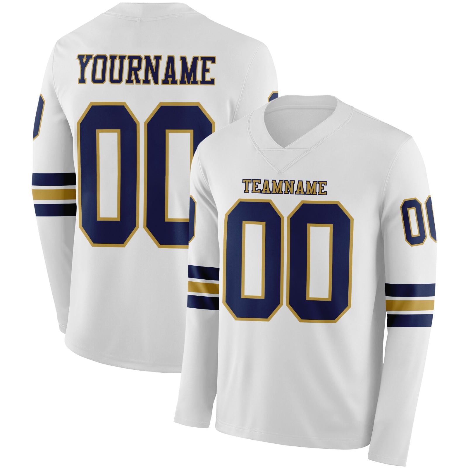 Custom White Navy-Old Gold Long Sleeve Authentic Football Jersey - Main View
