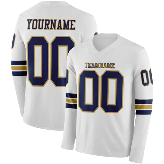 Custom White Navy-Old Gold Long Sleeve Authentic Football Jersey - Main View