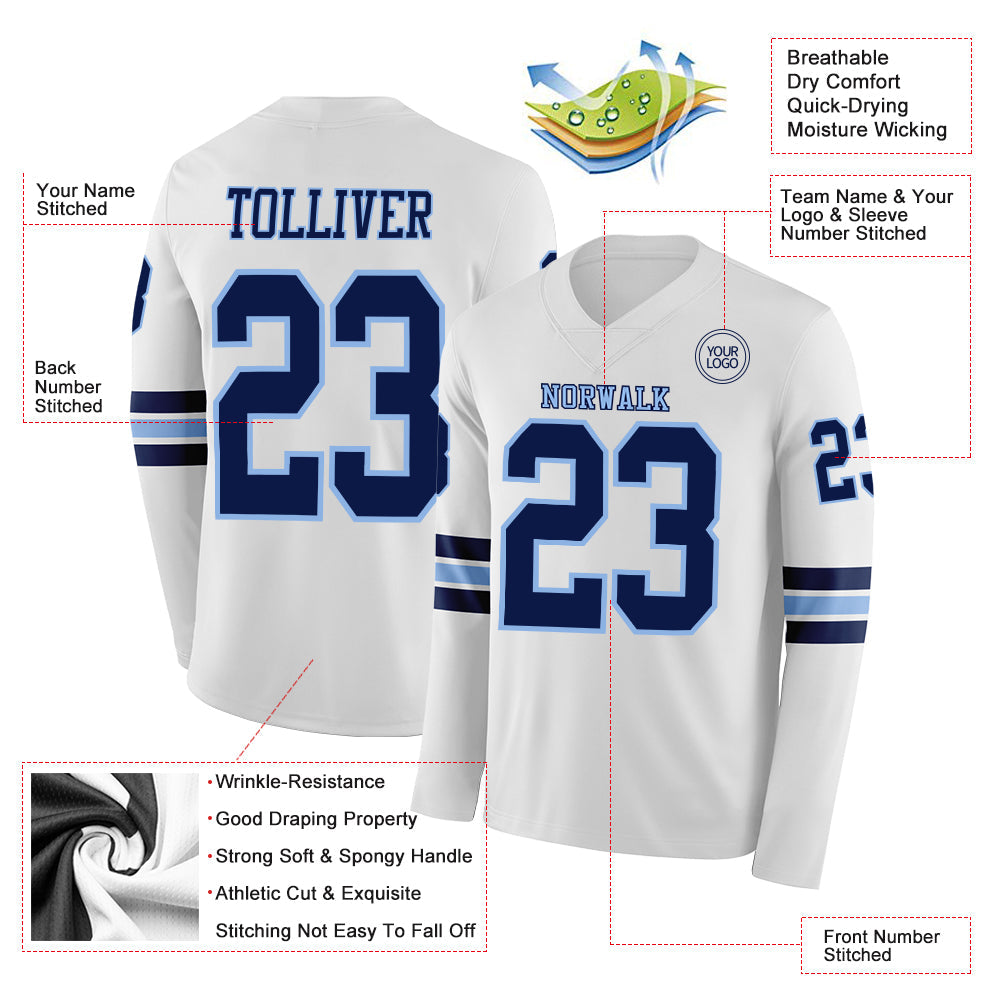 Custom White Navy-Light Blue Long Sleeve Authentic Football Jersey view 2