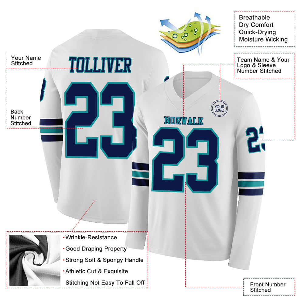 Custom White Navy-Teal Long Sleeve Authentic Football Jersey view 2