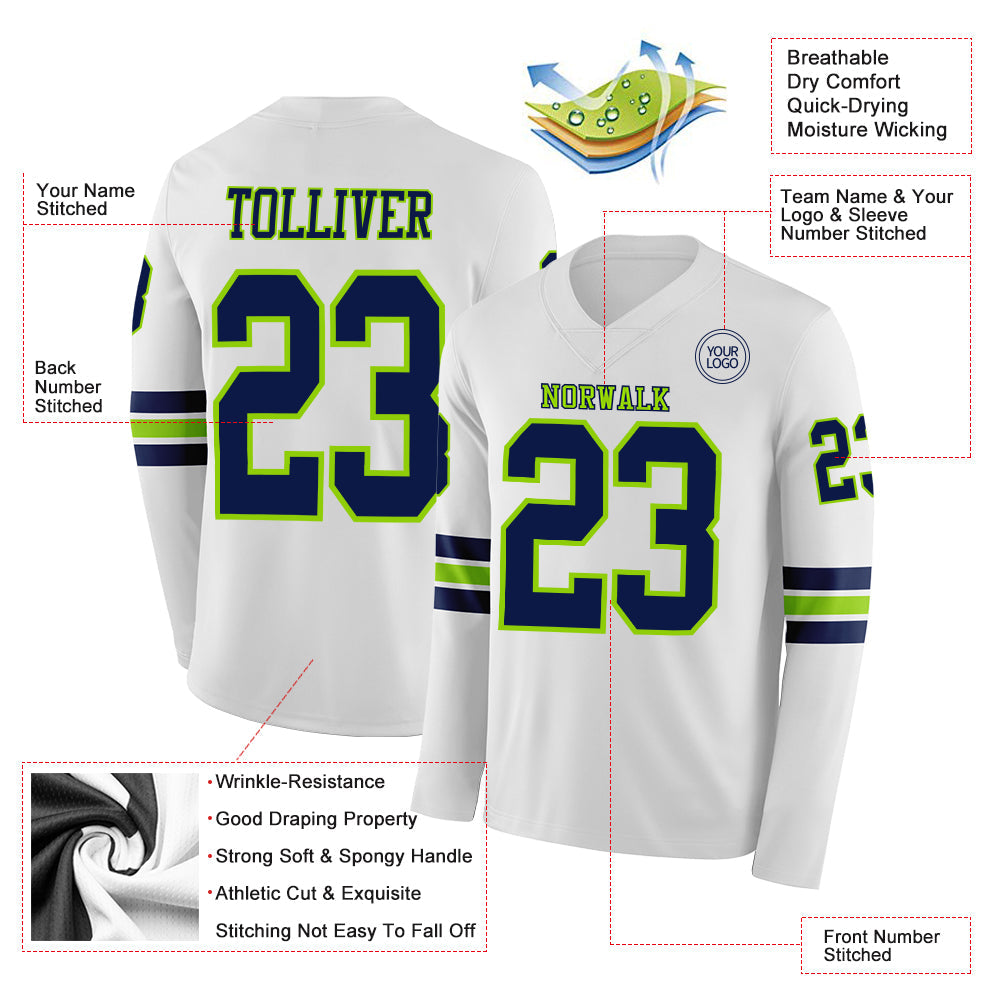 Custom White Navy-Neon Green Long Sleeve Authentic Football Jersey view 2
