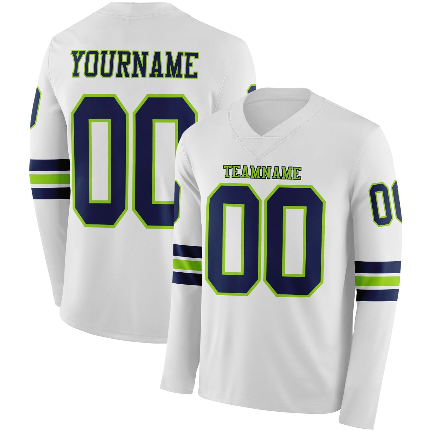 Custom White Navy-Neon Green Long Sleeve Authentic Football Jersey - Main View