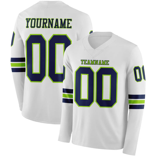 Custom White Navy-Neon Green Long Sleeve Authentic Football Jersey - Main View
