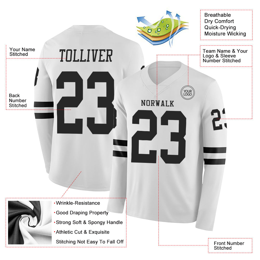 Custom White Black Long Sleeve Authentic Football Jersey view 2