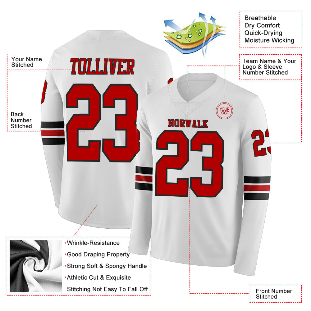 Custom White Red-Black Long Sleeve Authentic Football Jersey view 2