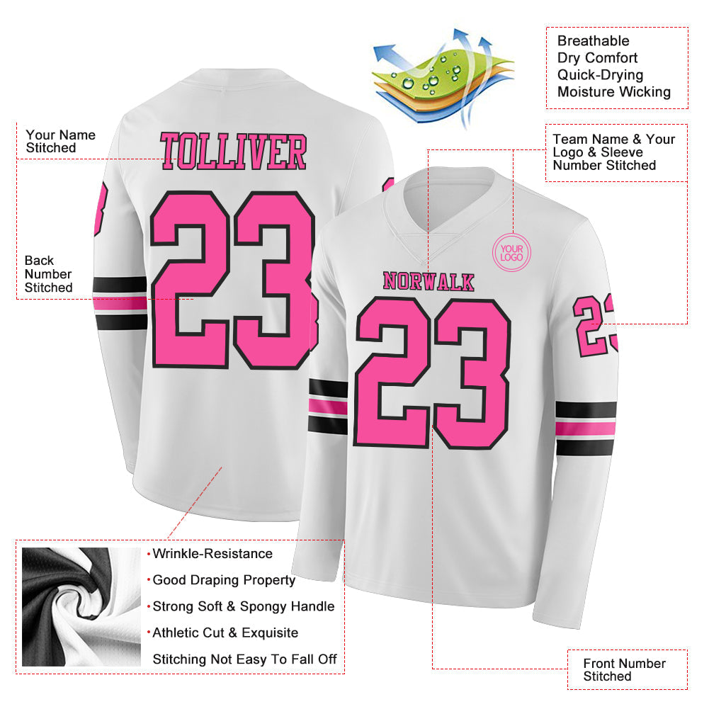 Custom White Pink-Black Long Sleeve Authentic Football Jersey view 2