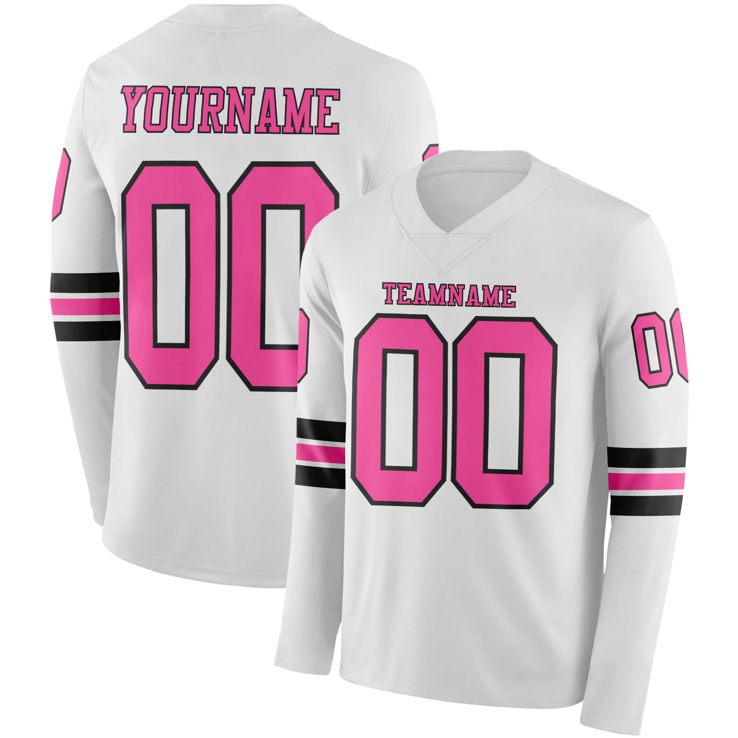 Custom White Pink-Black Long Sleeve Authentic Football Jersey - Main View
