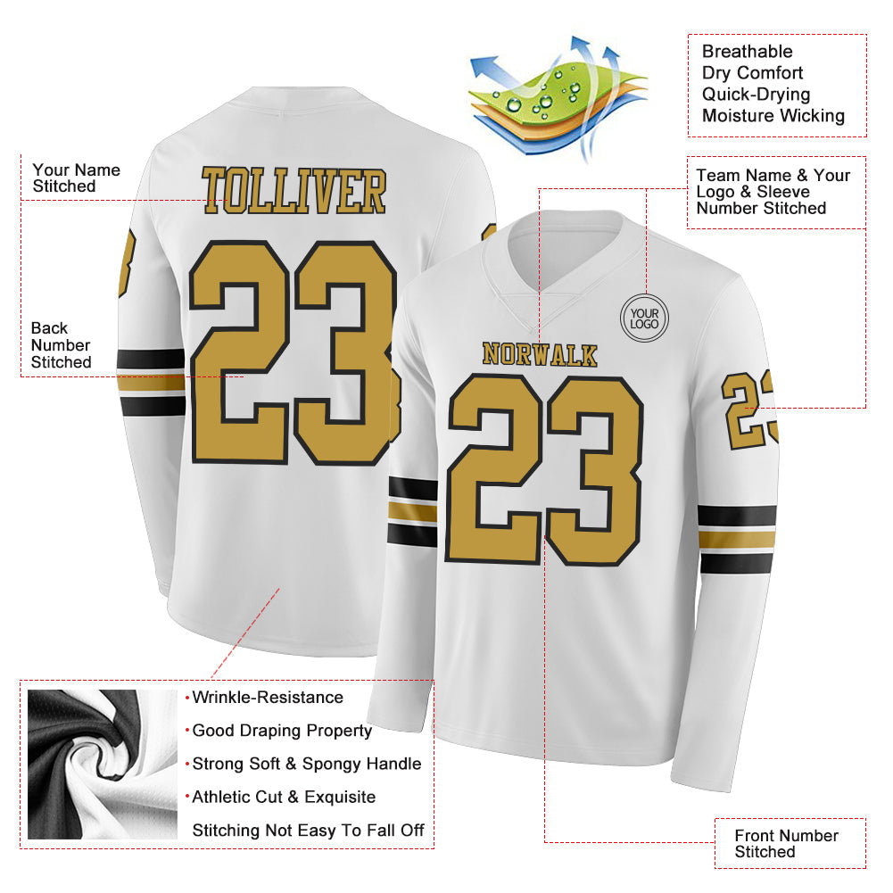 Custom White Old Gold-Black Long Sleeve Authentic Football Jersey view 2