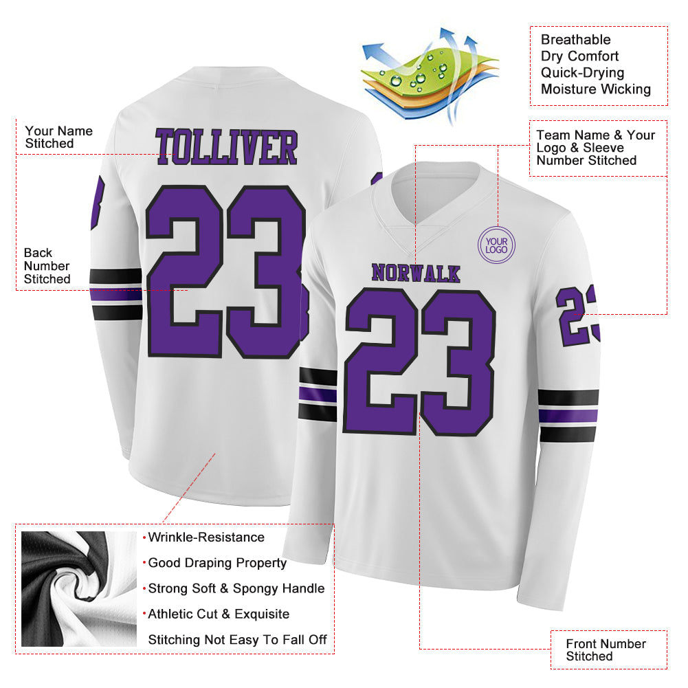 Custom White Purple-Black Long Sleeve Authentic Football Jersey view 2