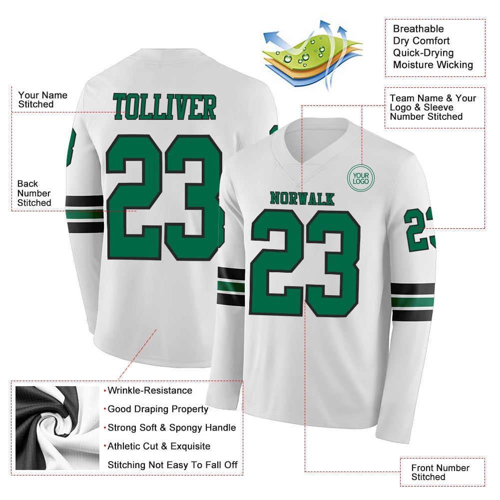 Custom White Kelly Green-Black Long Sleeve Authentic Football Jersey view 2