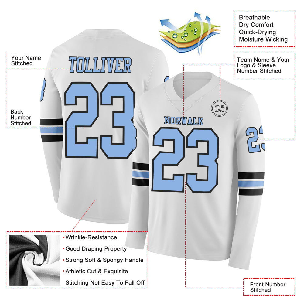 Custom White Light Blue-Black Long Sleeve Authentic Football Jersey view 2