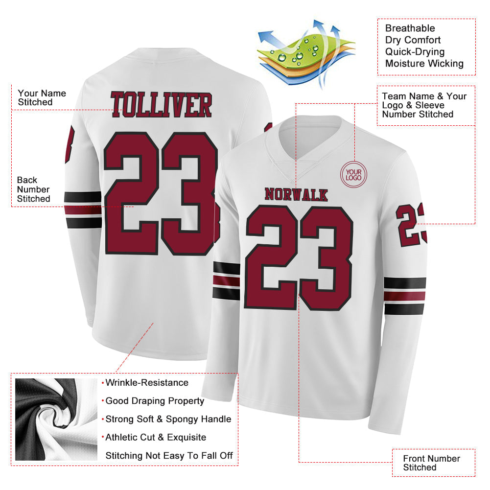 Custom White Crimson-Black Long Sleeve Authentic Football Jersey view 2