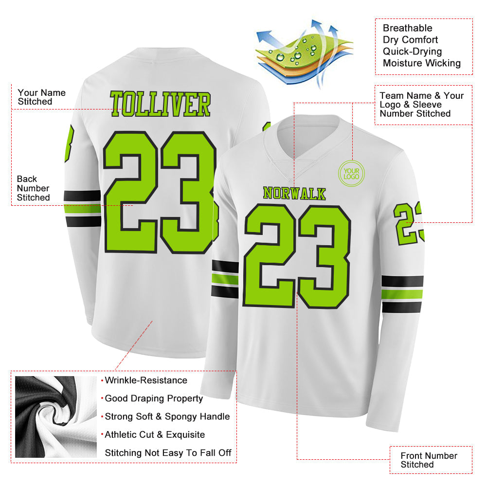 Custom White Neon Green-Black Long Sleeve Authentic Football Jersey view 2