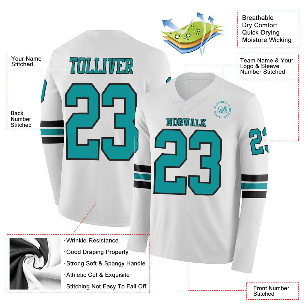 Custom White Teal-Black Long Sleeve Authentic Football Jersey view 2