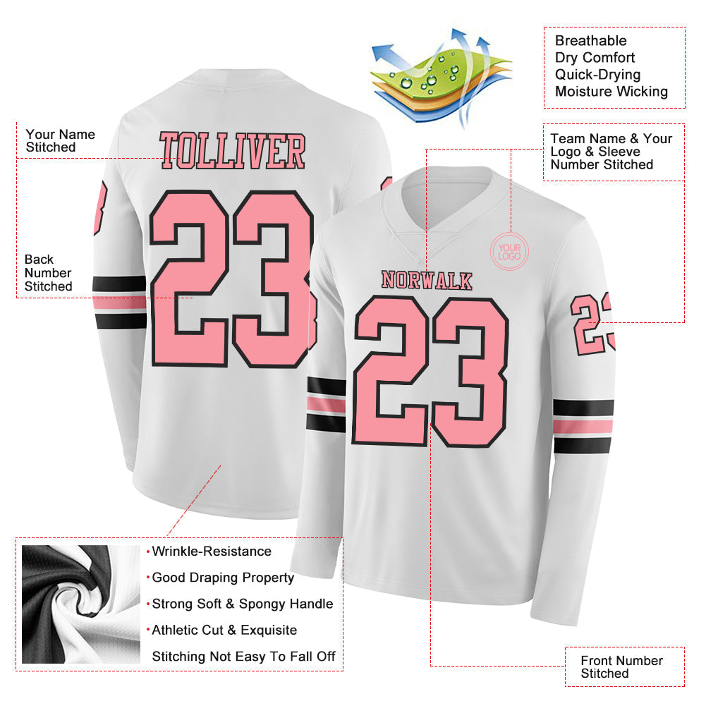 Custom White Medium Pink-Black Long Sleeve Authentic Football Jersey view 2
