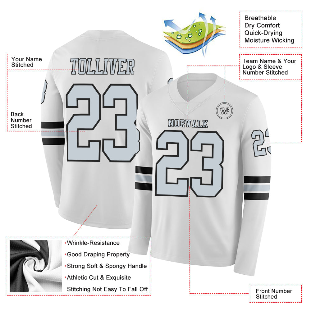 Custom White Silver-Black Long Sleeve Authentic Football Jersey view 2