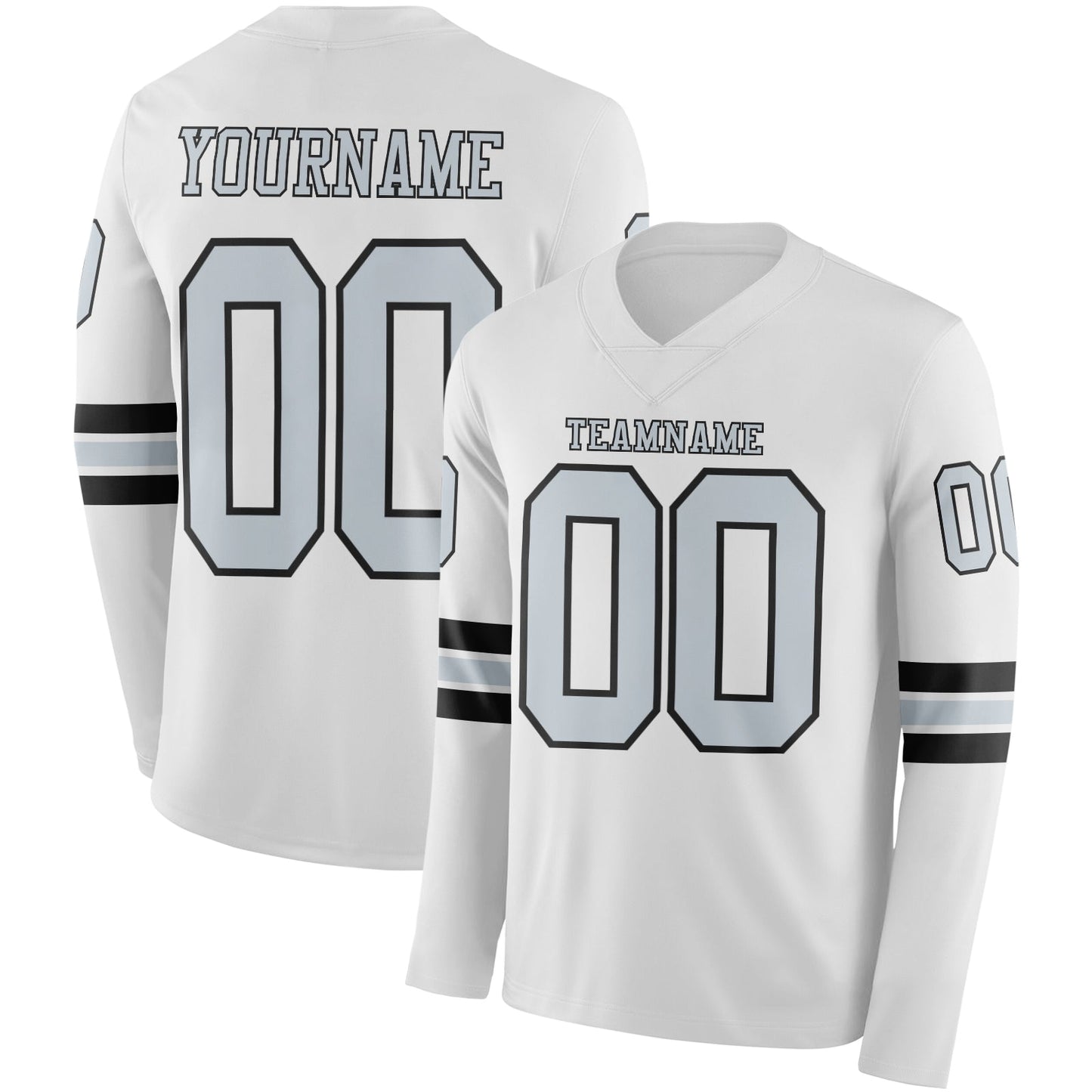 Custom White Silver-Black Long Sleeve Authentic Football Jersey - Main View