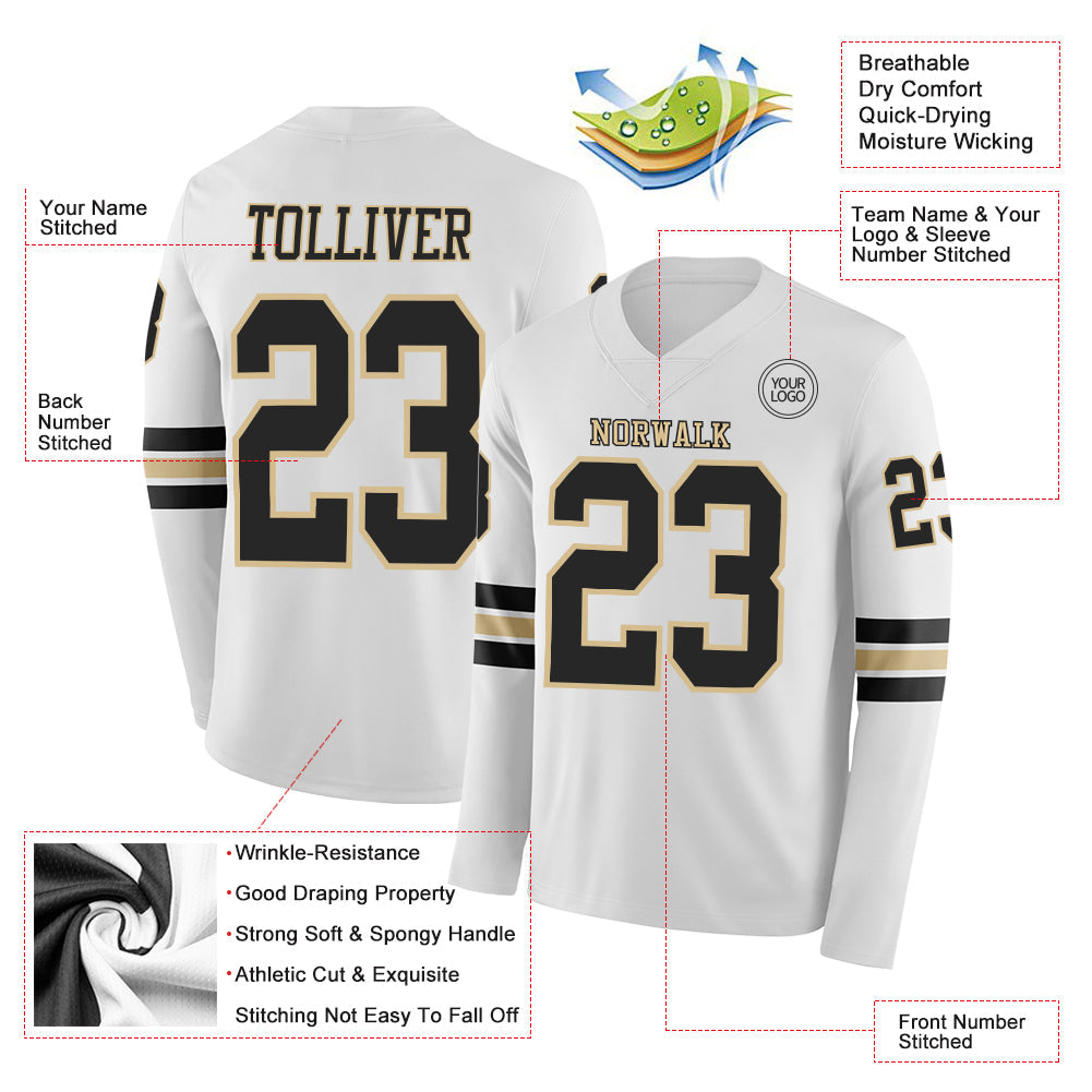 Custom White Black-Vegas Gold Long Sleeve Authentic Football Jersey view 2